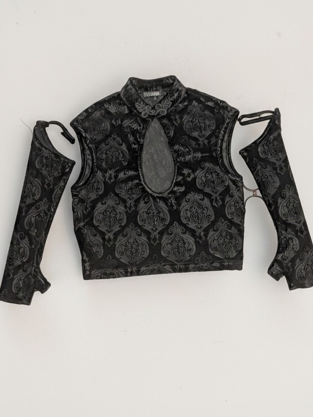 Dolls Kill Widow Black Velvet Damask Crop Top with Detachable Sleeves Sz S